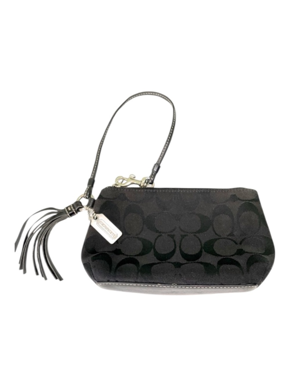 Coach Signature Monogram Fabric Small Wristlet Handbag Zipper Tassel Black Silve
